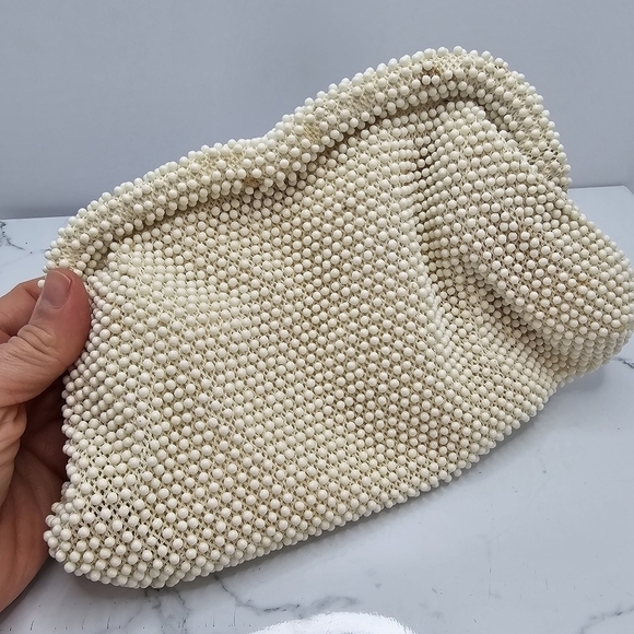 vintage 60s creamy white monochrome bead maximalist small clutch purse - Picture 10 of 11
